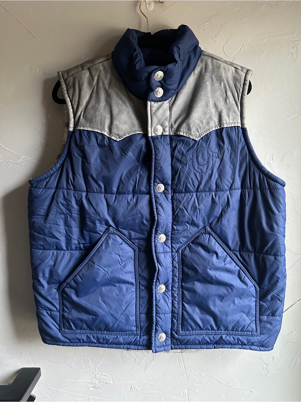 True Religion Leather Yoke Puffer Vest Men XL Y2K Western Gorpcore Ranch Y2K